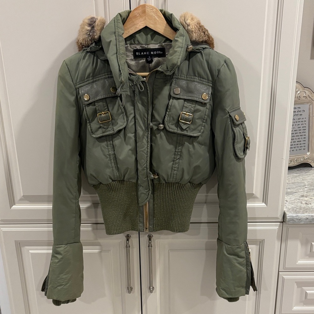 Blanc Noir Olive Puffer Jacket with real Fox Fur Trim